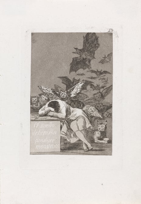 Francisco de Goya,«Når fornuften sover, kommer monstrene», mellom 1797 og 1798 (plate) / 1799 (trykk). «Når fornuften sover, kommer monstrene» av Francisco de Goya