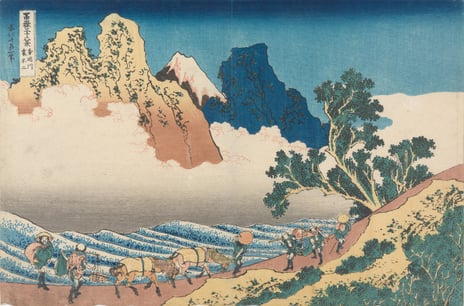 Katsushika Hokusai, «Baksiden av Fuji sett fra Minobu-elven, til serien "Trettiseks utsyn mot Fuji-fjellet"», 1830-tallet. «Baksiden av Fuji sett fra Minobu-elven, til serien "Trettiseks utsyn mot Fuji-fjellet"» av Katsushika Hokusai