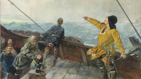 Christian Krohg, «Leiv Eiriksson oppdager Amerika» (utsnitt), 1893 Mann står på skipsdekk og peker mot land