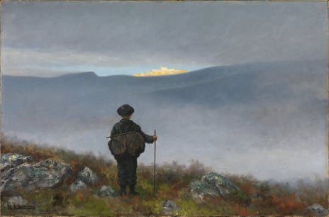 Theodor Kittelsen, «Far, far away Soria Moria Palace shimmered like Gold», 1900. boy in the mountains gazing at something shimmering far far away