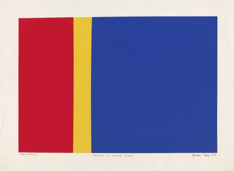 Synnøve Persen, "Blueprint for a Sami Flag" / "Sámeleavgga árvalus", 1977 Silk-screen print in red, yellow and blue