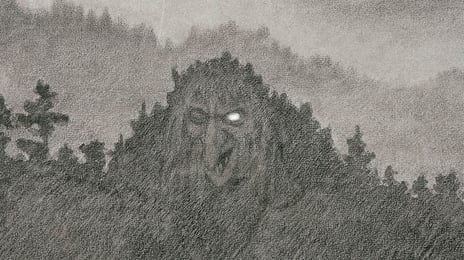 Tegningen av en skog, hvor hodet til et troll lager en silhuett med et lysende øye.​  