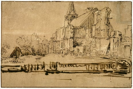 Rembrandt van Rijn (antatt sikker), «Den gamle og den nye kirken i Sloten», første halvdel av 1650-tallet.