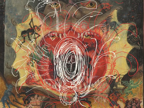 Prosessskisser av Karoline Bakken Lund over «Mouth of Hell» (detail), Hours of Catherine of Cleves. Faksimile Verlag Luzern. Prosessskisser av Karoline Bakken Lund over «Mouth of Hell» (detail), Hours of Catherine of Cleves. Faksimile Verlag Luzern.