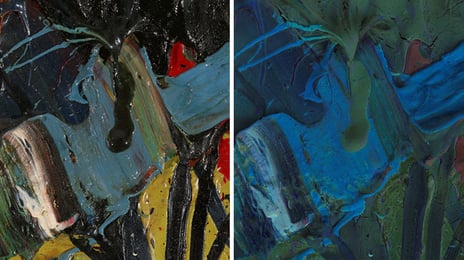 Detalj av dryppende maling. Til venstre: normalt lys. Til høyre: ultraviolett lys. Jean-Paul Riopelle, «Composition», 1952 Detalj av dryppende maling. Til venstre: normalt lys. Til høyre: ultraviolett lys. Den myke malingen flourescerer i UV.