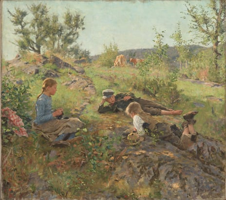 Erik Werenskiold, «Gjetere, Tåtøy», 1833. Maleri av tre barn som sitter og ligger på en steinete, gresskledd bakke i et åpent landskap med trær og busker.