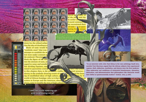 Collage-bilde av videoessay under arbeid. Arbeidsbilde av digital-collage fra video-essayet til Margaret Abeshu. Arbeidsbilde av digital-collage fra video-essayet til Margaret Abeshu.