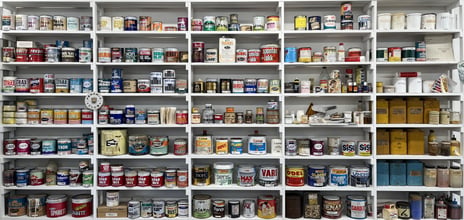 A selection of historic Norwegian industrial paints and varnishes, including acrylic and vinyl dispersion products.