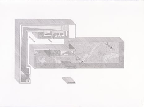 Beate Hølmebakk, «Hus for en mor og et barn. Bakkeplan», 1996 Plantegning for hus