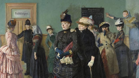 Christian Krohg, «Albertine i politilegens venteværelse», 1887 Oljemaleri av situasjon fra prostituerte i politilegens kontor