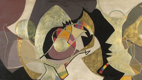 Anna-Eva Bergman, «Komposisjon», 1951 Abstrakt maleri i farger og metall med organiske former.