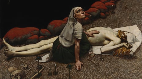 Akseli Gallen-Kallela, «Lemminkäinens mor» (utsnitt), 1897. Antell samlinger, Finlands Nasjonalgalleri. En kvinne sitter ved elvebredden med en naken, døende ung mann ved sin side. Hun ser mot himmelen, der en bie er på vei.