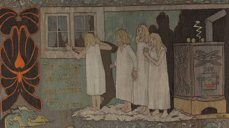 Gerhard Munthe (motiv) og Augusta Christensen (billedteppe), «Mørkredd», 1905 Jenter ser ut vinduet på mørket utenfor