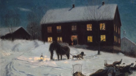 Vinterlandskap med hus, mennesker, hest og sleder. 