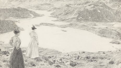 Erik Werenskiold, «På fjellet» (utsnitt), antagelig 1893 Tegning av to kvinner som ser utover landskap i fjellene