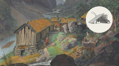 Johannes Flintoe, «Hjølmodalen i Eidfjord» (1833) En maleri av fjell og dal med en liten sæter hvor tre mennesker oppholder seg mellom husene.