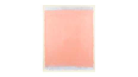 Mark Rothko, Uten tittel, 1969, privat samling. Maleri på papir, en blålig stripe med hvitt øverst og nederst, og en dus ferskenfarge i midten.