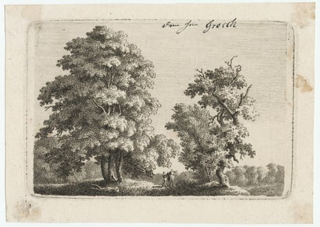 Caspar David Friedrich, «Vei mellom løvtrær med rytter og stående mann», 1799 Strekstsning på papir av trær og mennesker