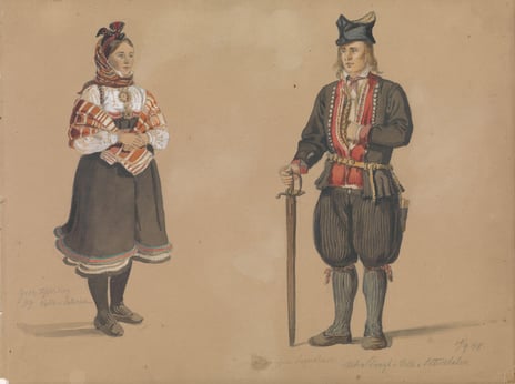 Adolph Tidemand, «Gro Kjelleberg; Bjugen Sagneskare, Valle», 1848. Kvinne og mann i folkedrakter fra Valle i 1848