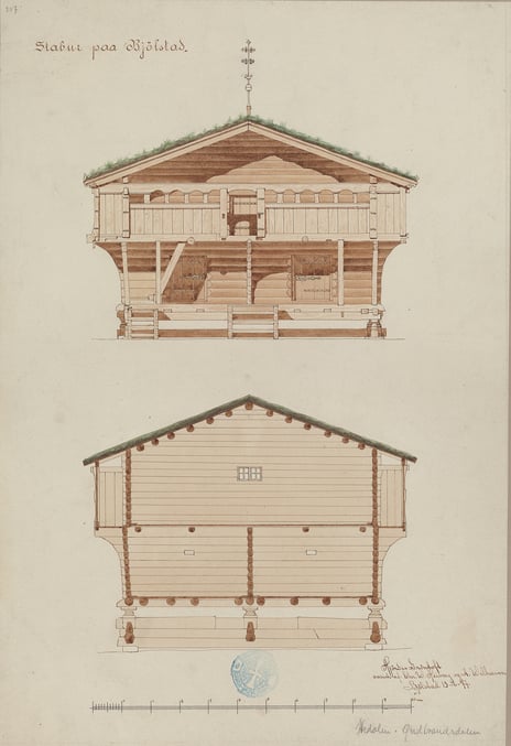 Hjørdis Grøntoft assistert av Chr. Heiberg og Arne Welhaven, «Stabbur på Bjølstad», 1897 Arkitekttegninger av stabbur. Fasade og tverrsnitt.