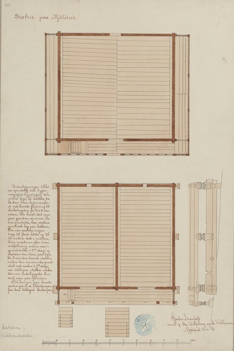 Hjørdis Grøntoft assistert av Chr. Heiberg og Arne Welhaven, «Stabbur på Bjølstad», 1897 Plantegning av stabbur