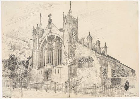 Hjørdis Grøntoft Raknerud, «St. Peters kirke i Ealing», 5. september 1899 Arkitektonisk tegning av en kirke med spir