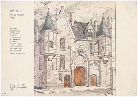Hjørdis Grøntoft Raknerud, «Hotel de Sens», 3. september 1903 Tegning av bygning med buede tredører, karnapper og spisse tak