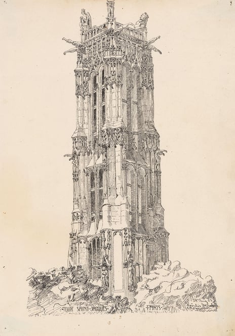 Hjørdis Grøntoft Raknerud, «Jakobstårnet i Paris», 24. august 1903 Tegning av tårn med ornamenter