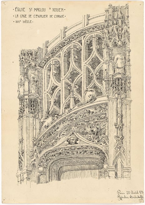 Hjørdis Grøntoft Raknerud, «Malokirken i Rouen», 20. august 1903 Tegning av detalj av kirkebygg