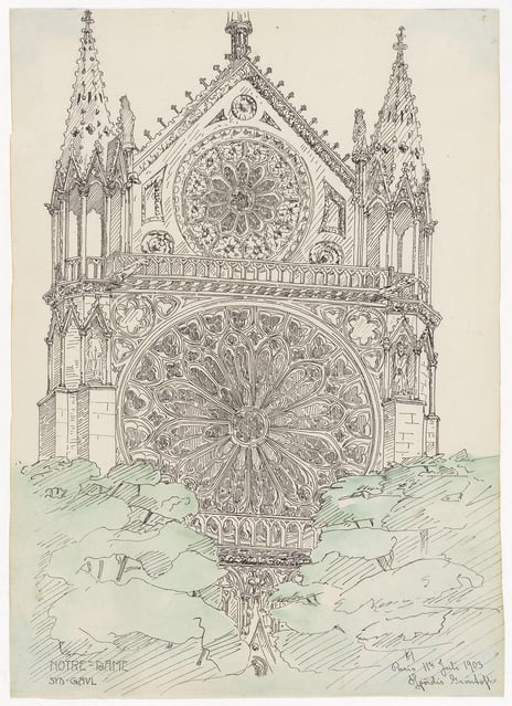 Hjørdis Grøntoft Raknerud, «Fra Notre-Dame i Paris», 11. juli 1903 Tegning av tårn med ornamenter og sirkelformede vinduer
