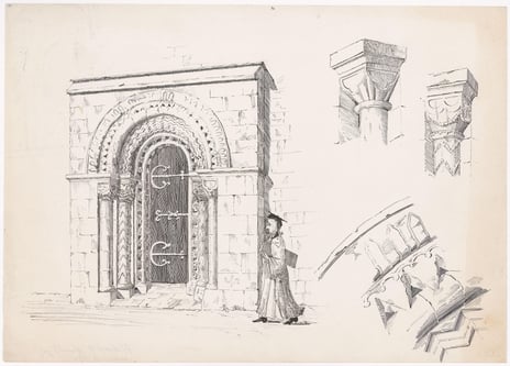 Hjørdis Grøntoft Raknerud, «Nordportalen på Iffley kirke ved Oxford», 31. mars 1899 Tegning av en kirkeportal, en mann er på vei inn. Til høyre studier av toppen av tre søyler.