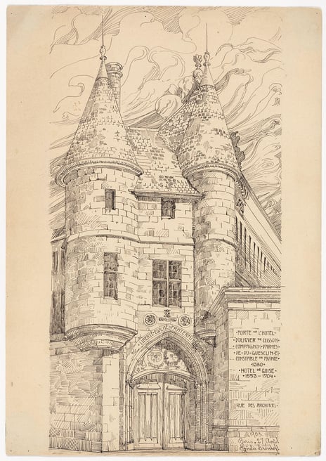 Hjørdis Grøntoft Raknerud, «Fra Rue des Archives i Paris», 27. august 1903 Tegning av steinbygning med karnapper og spir