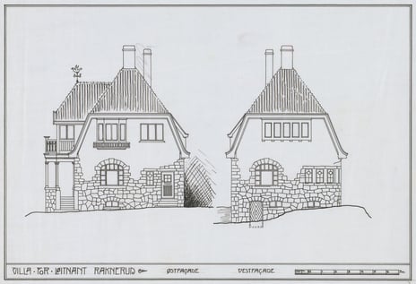 Hjørdis Grøntoft Raknerud, Villa Raknerud, øst- og vestfasade, 1916 eller 1917 Arkitekttegning av hus.