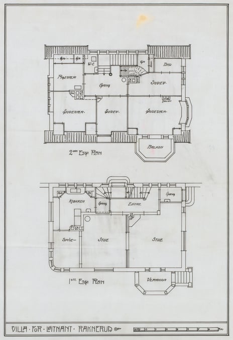 Hjørdis Grøntoft Raknerud, Villa Raknerud, plan over 1. og 2. etasje, 1916 eller 1917 Plantegning av hus