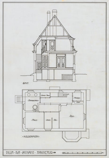 Hjørdis Grøntoft Raknerud, Villa Raknerud, kjellerplan og tverrsnitt, 1916 eller 1917 Arkitekttegning av hus. Kjellerplan og tverrsnitt.