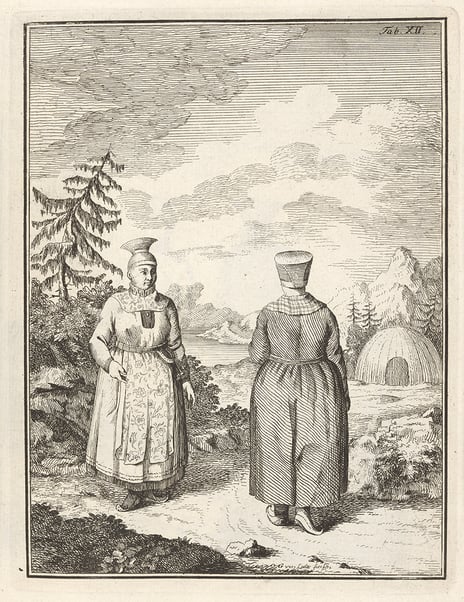 Gustav de Lode, «To kvinner i kofte / Guokte nissonolbmo gávttiin», siste halvdel av 1700-tallet To kvinner