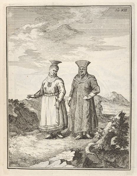 Gustav de Lode, «To kvinner i kofte og pesk / Guokte nissonolbmo gávttiin ja beaskkain», siste halvdel av 1700-tallet To kvinner