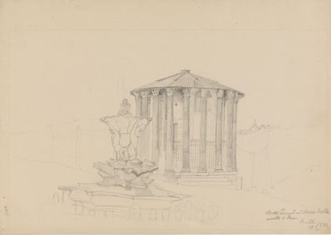 Adolph Tidemand, «Vesta-tempel i Bocca della verita i Rom», 1841 Skisse av klassisk tempelbygg
