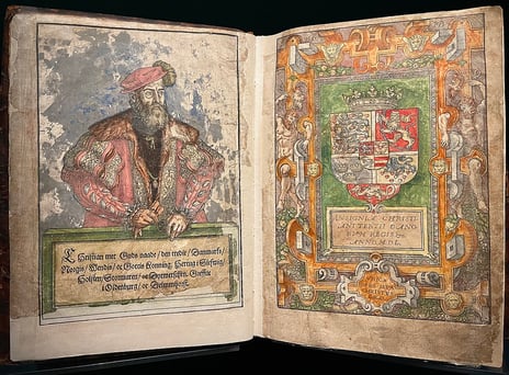 Danish Bible from 1550 with opening pages designed by Jacob Binck. Old book