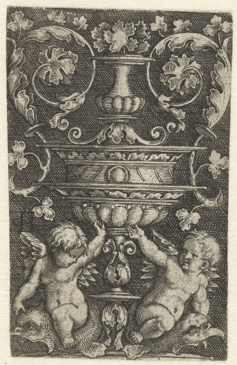 Jacob Binck, Ornament with two putti on dolphins under a vase. Ornament with two putti on dolphins under a vase.