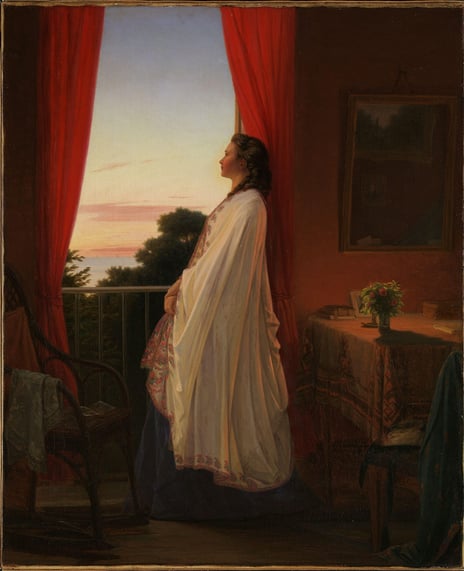 Jørgen Walentin Sonne, «Kvinne betrakter sommernatten», 1865 Maleri fra 1865 av en kvinne som ser ut vinduet mot solnedgangen
