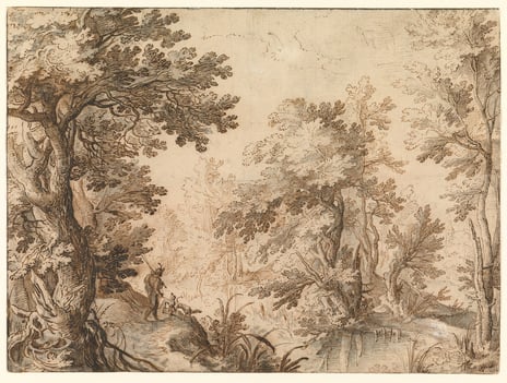 Paul Bril, «Mann og hunder ved lysning i skogen», ca. 1596. Innlån fra Belgias kongelige kunstmuseer, Brussel Tegning med liten mann og hund mot skoglandskap