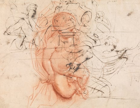 Peter Paul Rubens, «Liggende gutt; kampscene (recto)», tidlig 1600-tallet. Skisse av barn med andre figurer over tegningen