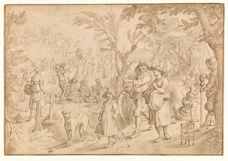 Sebastiaen Vrancx, «Sommer», mellom 1618-1622. Innlån fra Belgias kongelige kunstmuseer, Brussel Tegning med landlig hverdagsliv og forskjellige figurer i aktivitet