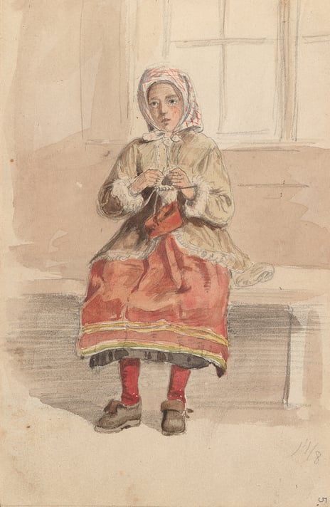 Adolph Tidemand, «Ung kvinne som strikker», 1852 Akvarelltegning av ung kvinne som strikker