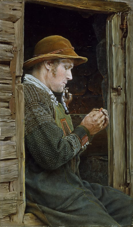 Carl Fredrik Sundt-Hansen, «Setesdøl med pipe», 1900 Akvarell av mann som røyker pipe