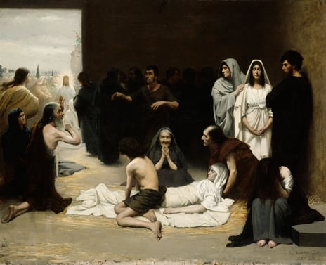 Asta Nørregaard, «Kristus kommer», 1881 Oljemaleri av flere mennesker som ber eller sørger over en som ligger på gulvet, jesus skikkelse i bakgrunnen