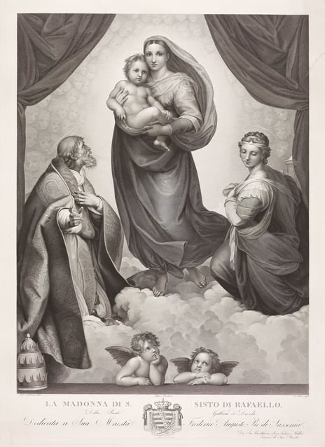 Kobberstikk på papir, portrett av Den sixtinske Madonna