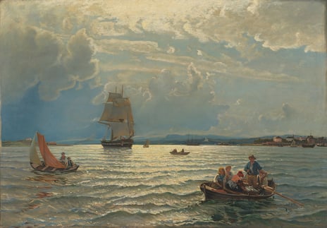 Emma Dahl, «Innseilingen til Christiania», 1894. Etter maleri av Hans Gude. Privat eie. Oil painting