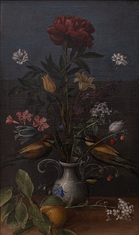 Orsola Maddalena Caccia, Blomsterstilleben med frukt og fugler, 1631–1640
